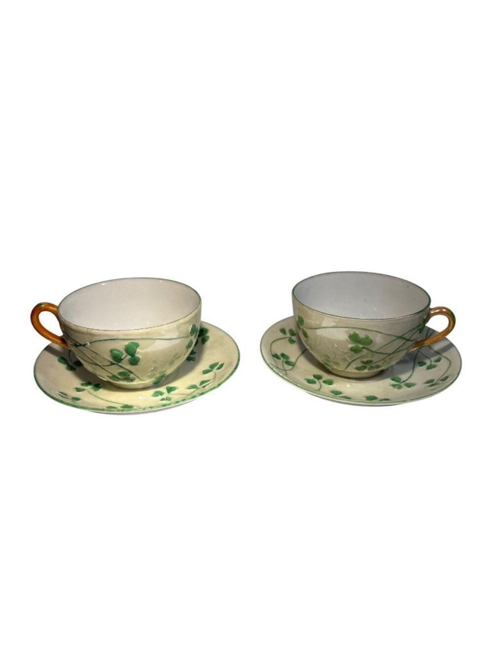 Erin Pottery Irish Porcelain Tea Cup & Saucer Set Shamrock Green Ivory Gold